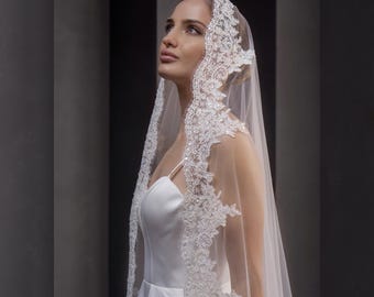 Cathedral Mantilla Wedding Veil, Beaded Lace Scalloped Edge, Light Ivory Bridal Tulle
