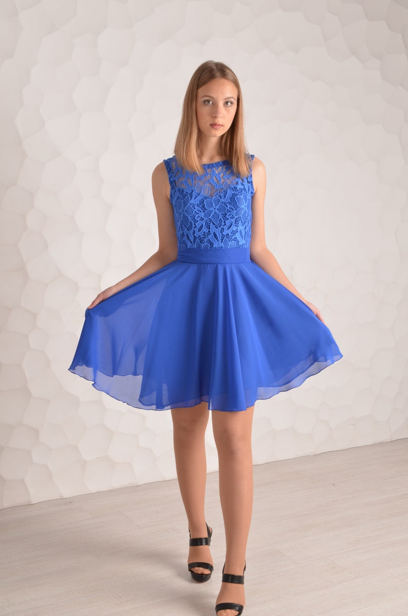Cobalt Blue a Line Short Chiffon Dress