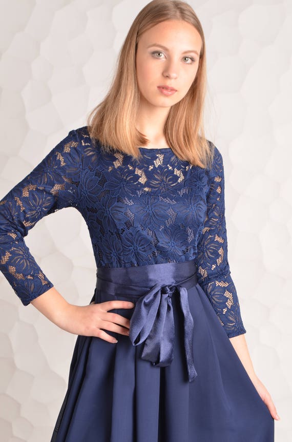 navy dress with long sleeves
