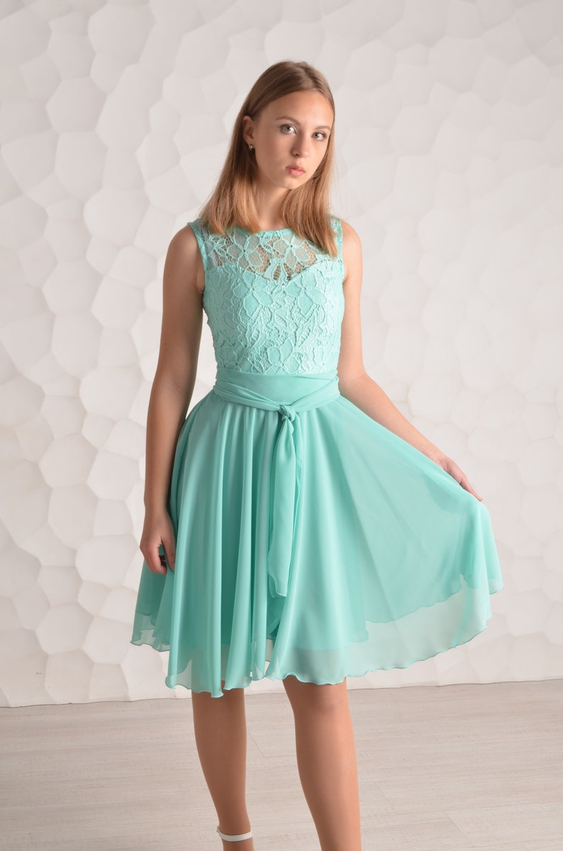 Short mint lace dress Short bridesmaid dress Short mint bridesmaid dress Mint chiffon dress Knee length dress Mint bridesmaid Prom dresses