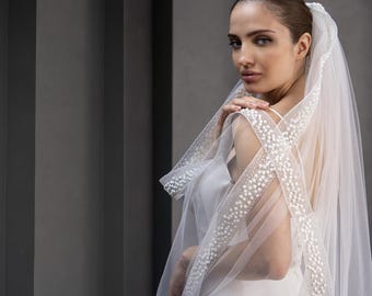 Glitter Wedding Veil with Horsehair Trim and 3D Puff Detail, Cathedral Length Bridal Veil