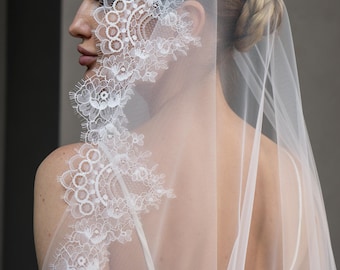Chantilly Lace Edge Cathedral Veil, Mantilla Bridal Veil, Scalloped Ivory Tulle