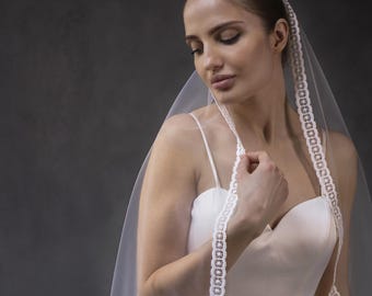 Boho Lace Wedding Veil, Ethereal Mantilla Bridal, Soft Tulle, Romantic Scalloped Lace