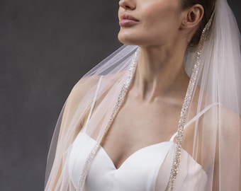 Sparkling Glitter Edge Cathedral Wedding Veil, Shimmering Border Bridal Veil, Long Cathedral Length Veil with Glitter Trim, White or Ivory