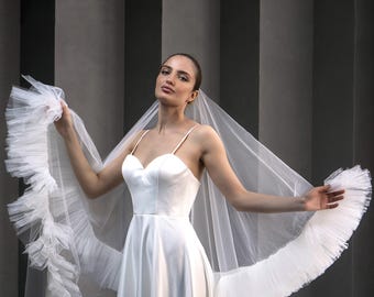 Ruffle Edge Wedding Veil, Pleated Trim, Soft Italian Tulle, Cathedral Fingertip