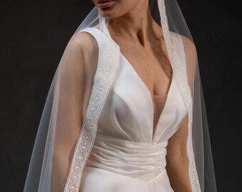 Boho Lace Wedding Veil, Soft Tulle Bridal with Lace Edge