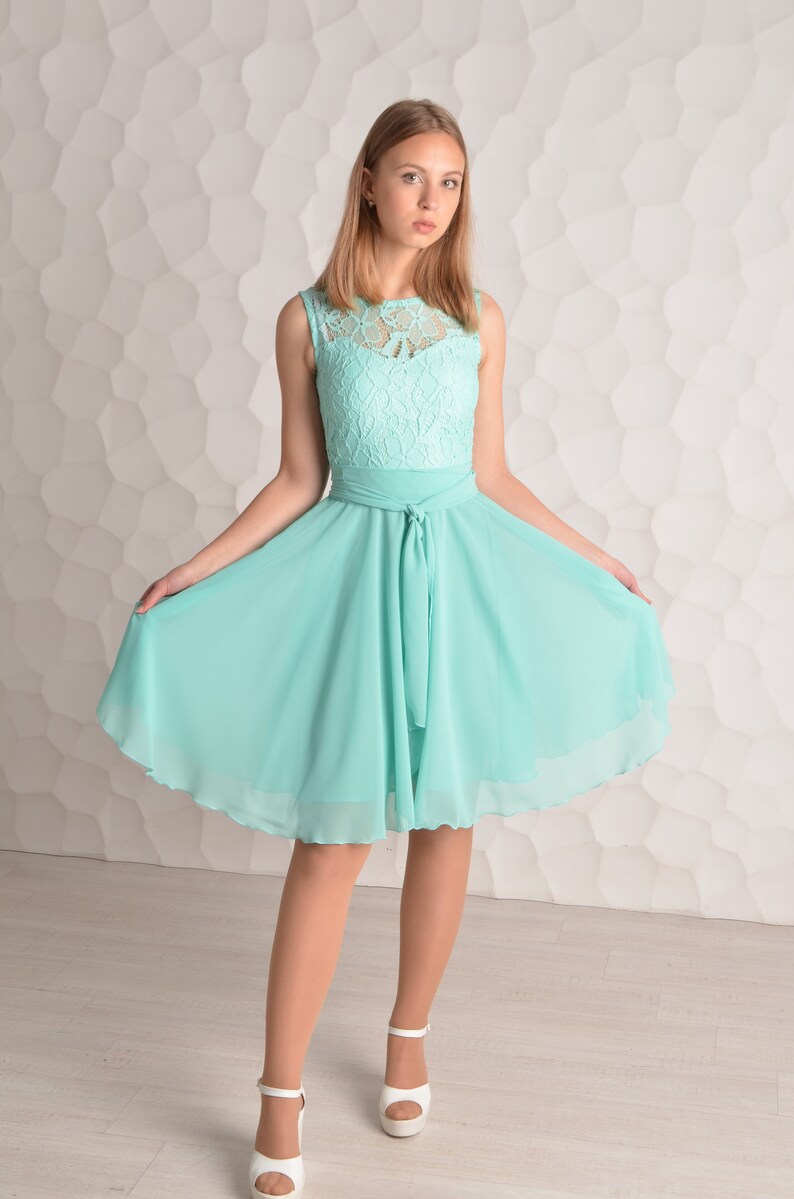 Short mint lace dress Short bridesmaid dress Short mint bridesmaid dress Mint chiffon dress Knee length dress Mint bridesmaid Prom dresses