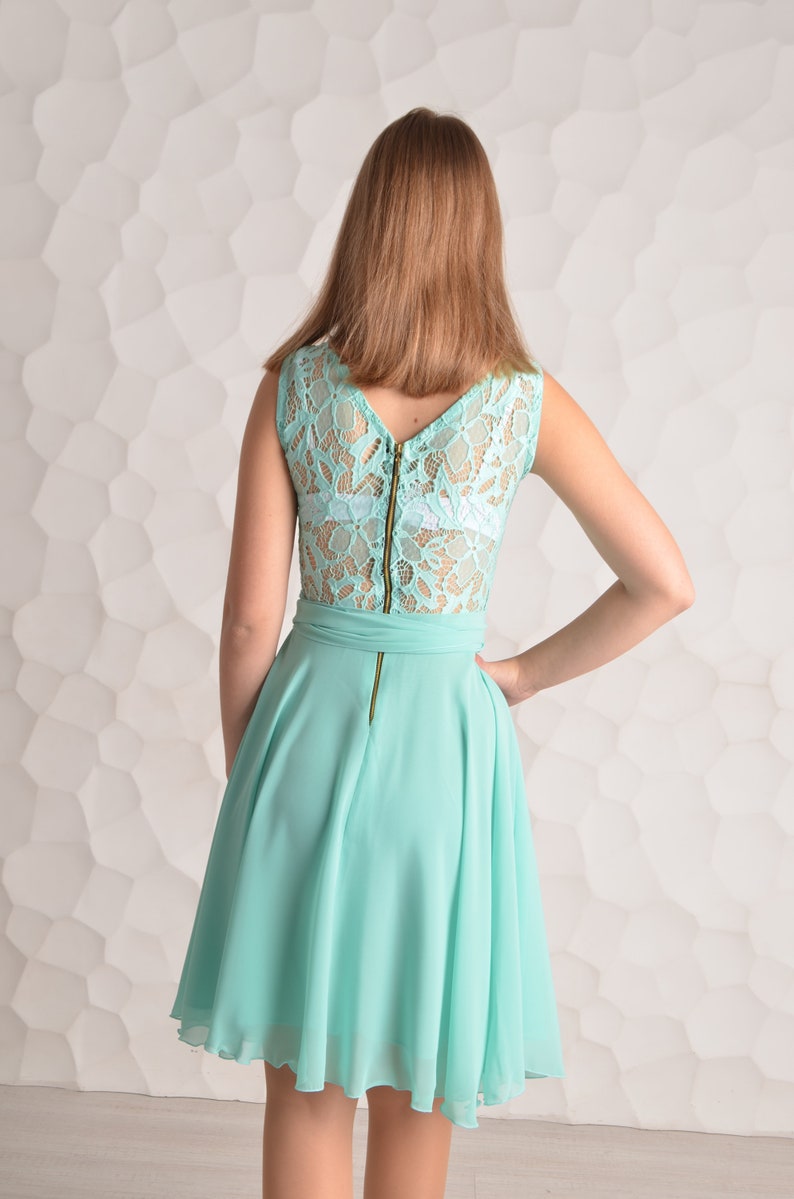 Short mint lace dress Short bridesmaid dress Short mint bridesmaid dress Mint chiffon dress Knee length dress Mint bridesmaid Prom dresses