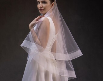 Two-Tier Wedding Veil with Horsehair Trim | Blusher, Ivory or White Tulle