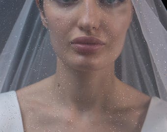 Glitter Wedding Veil, Shimmering Bridal Tulle, Fingertip Cathedral Length (Off-White)