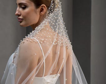 Cathedral Length Pearl Wedding Veil, Cascading Scattered Bridal Tulle Veil