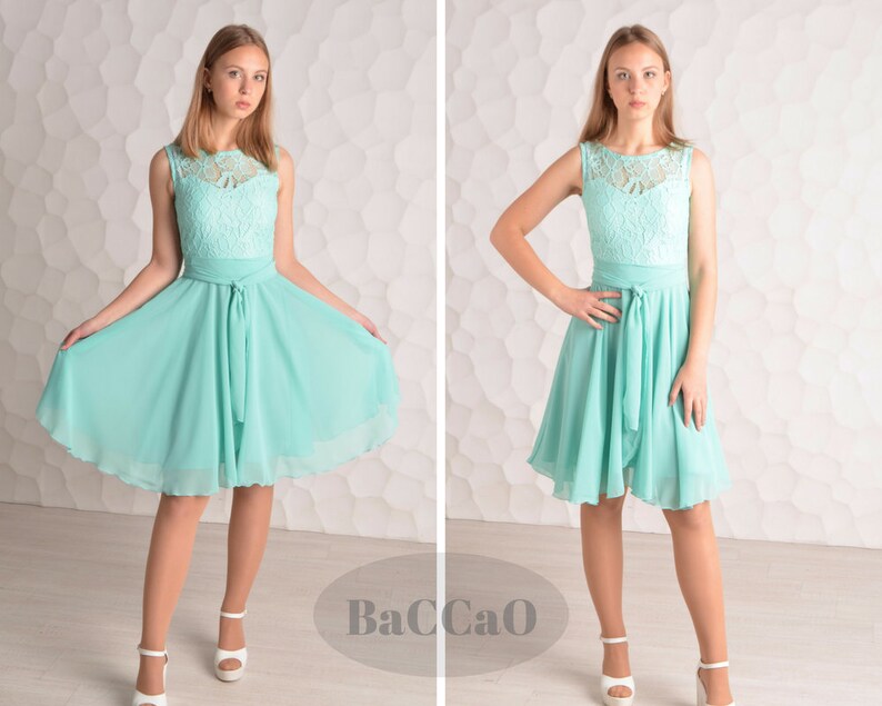 Short mint lace dress Short bridesmaid dress Short mint bridesmaid dress Mint chiffon dress Knee length dress Mint bridesmaid Prom dresses