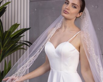 Cathedral Length Wedding Veil, Glitter Border Bridal, White Ivory Sparkle Tulle