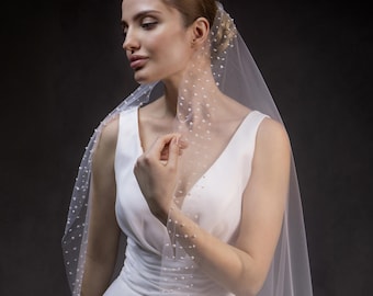 Beaded Edge Bridal Veil, Elegant Fingertip Wedding Veil, Ivory Tulle Embroidery Trim