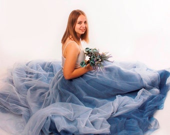 Dusty Blue Ombre Tulle Wedding Skirt – Floor Length Bohemian Bridal Gown