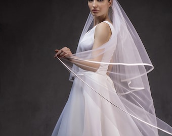 Satin Trim Cathedral Veil with Blusher, Two-Tier Bridal Ribbon Edge Wedding Veil