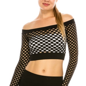 Kurve Stretchy Fishnet Long Sleeve Crop Top, UV Protective Fabric, Rated UPF 50+ (Made with Love in The USA)