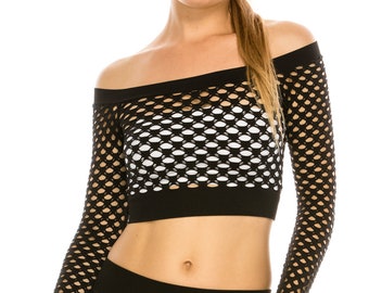 Kurve Stretchy Fishnet Long Sleeve Crop Top, UV Protective Fabric, Rated UPF 50+ (Made with Love in The USA)