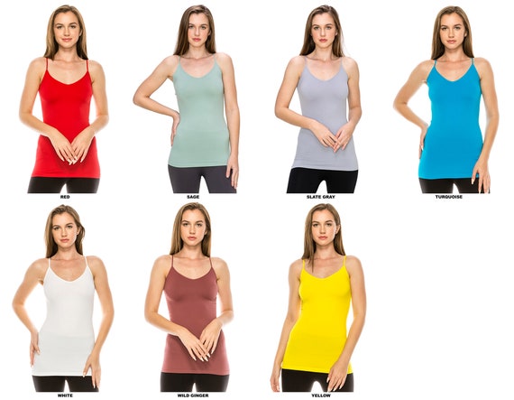Kurve Women's Camisole Tank Top - Basic Seamless Stretch Spaghetti Strap  V-Neck Cami, UV Protective Fabric UPF 50+ (Made in USA), Baby Blue,  X-Small/Medium at  Women's Clothing store