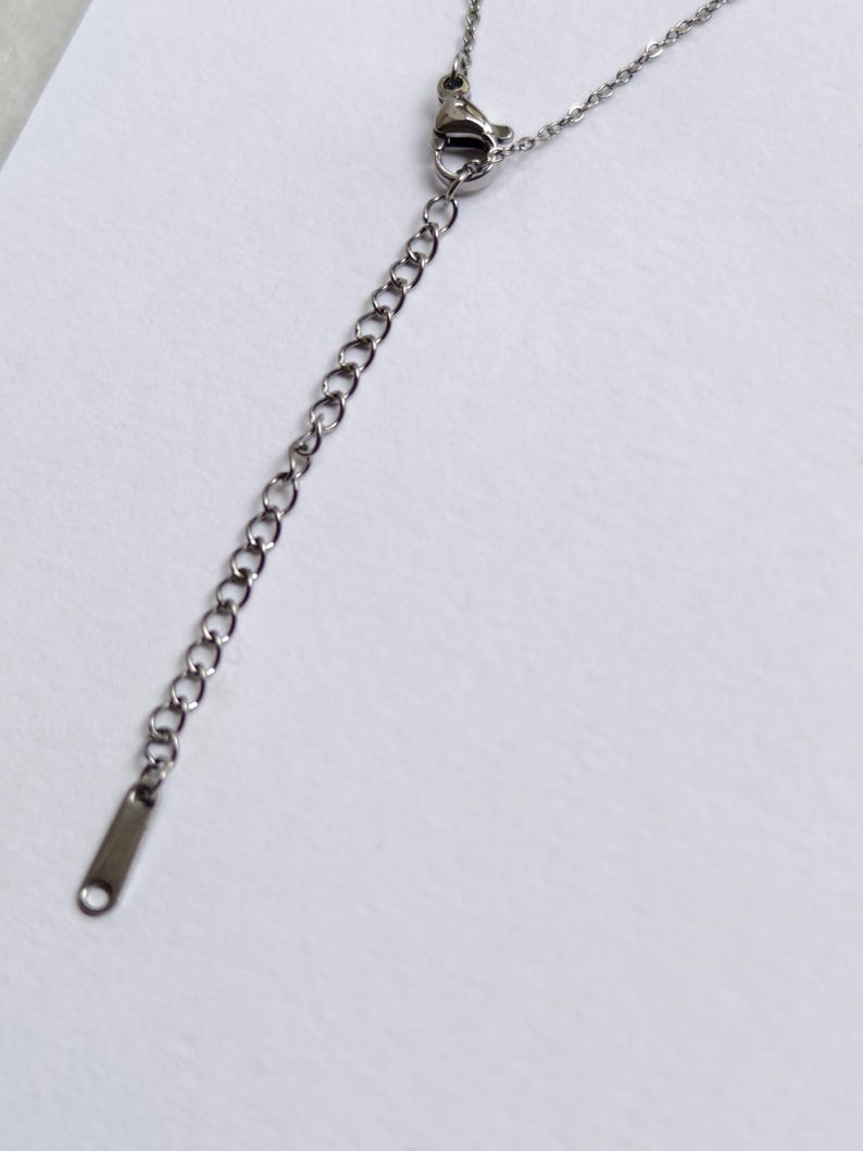 Pu&ograve; includere: Primo piano di una collana color argento con catena regolabile. La collana presenta una catena sottile collegata a una serie di piccoli anelli ovali. La catena regolabile ha una piccola etichetta rettangolare all'estremit&agrave;.