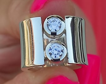 Wide Silver Moissanite Ring: Statement Wedding Band