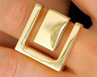 Greek Key Statement Ring: Gold Tone Wide Ring