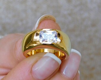 Emerald Cut CZ Gold Ring, Chunky Dome Statement Ring
