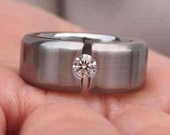 Chunky Wedding Band: Tension Set Moissanite Ring, Stainless Steel