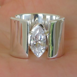 AG950 Sterling Silver Wide Band Ring: Marquise CZ Gemstone