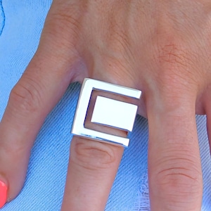 Big statement ring silver, square geometric ring, Large Square ring, Wide band rings, greek key rings, stylish ring, Extraordinary ring