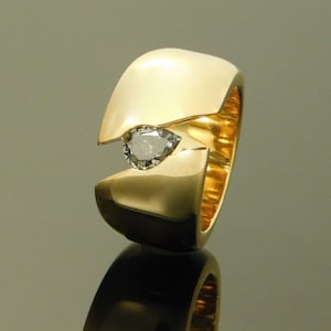 Wide Band Gray Moissanite Ring: Gold Dome Tension Setting