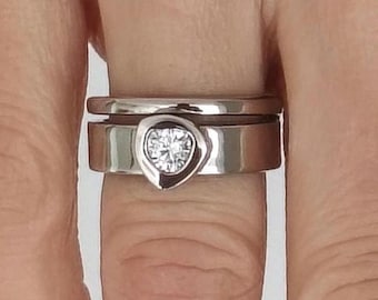 Moissanite Engagement Ring Set of Two: Palladium coated AG950 Silver Wedding Band