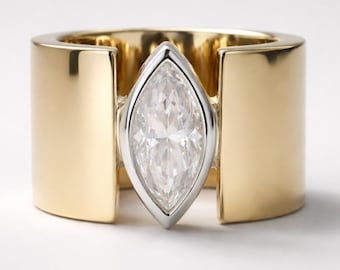 Wedding Ring for Women: Silver and Gold Color Wide Band, Marquise Cut Moissanite