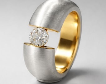 Proposal Ring: Moissanite Tension Setting, Bi-Color Design with Brushed Finish