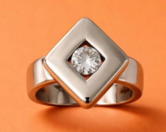 Solitaire Moissanite Ring: Palladium Coated Silver, Rhombus Motif Engagement Ring