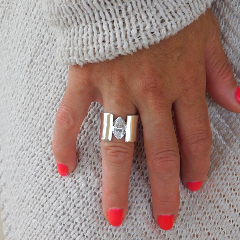 Wide Band Statement Ring Marquise Gemstone Ring Navette CZ Etsy
