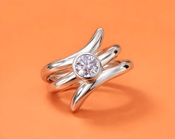 Moissanite Engagement Ring: Asymmetric multiple band Solitaire