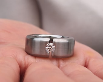 Chunky Stainless Steel Wedding Band: Tension Set Moissanite Ring