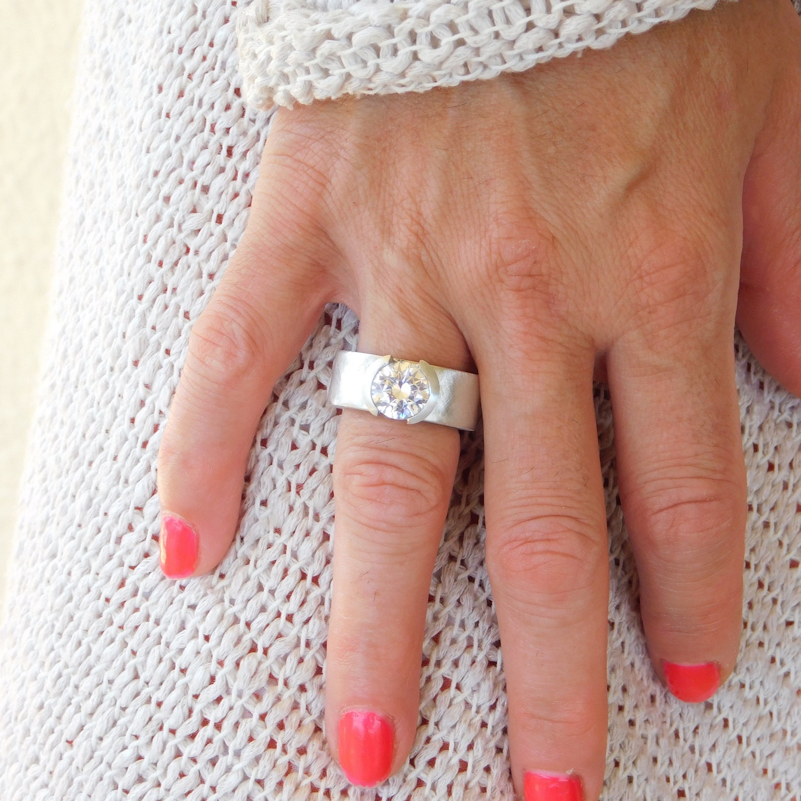 Thick Band Engagement Ring Wide Band Ring Chunky Gemstone Etsy