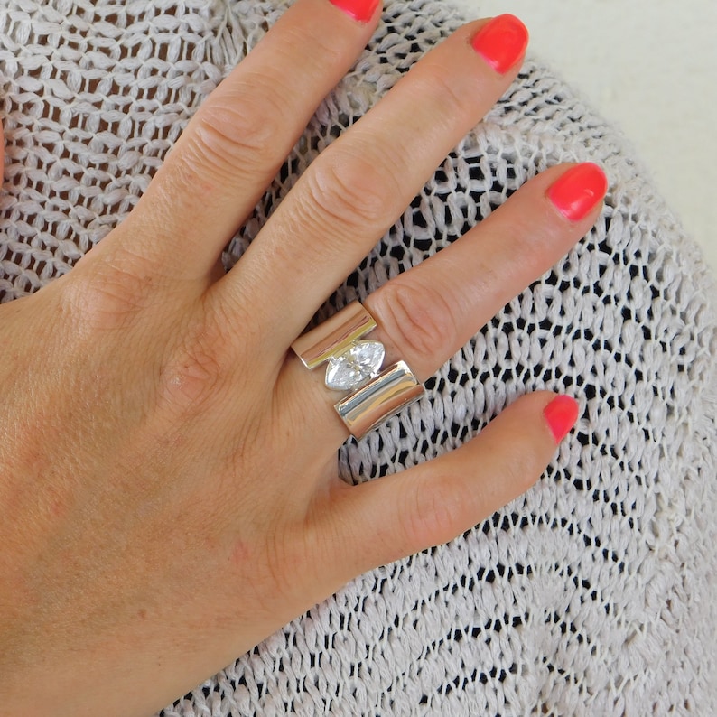 Wide Band Statement Ring Marquise Gemstone Ring Navette CZ Etsy