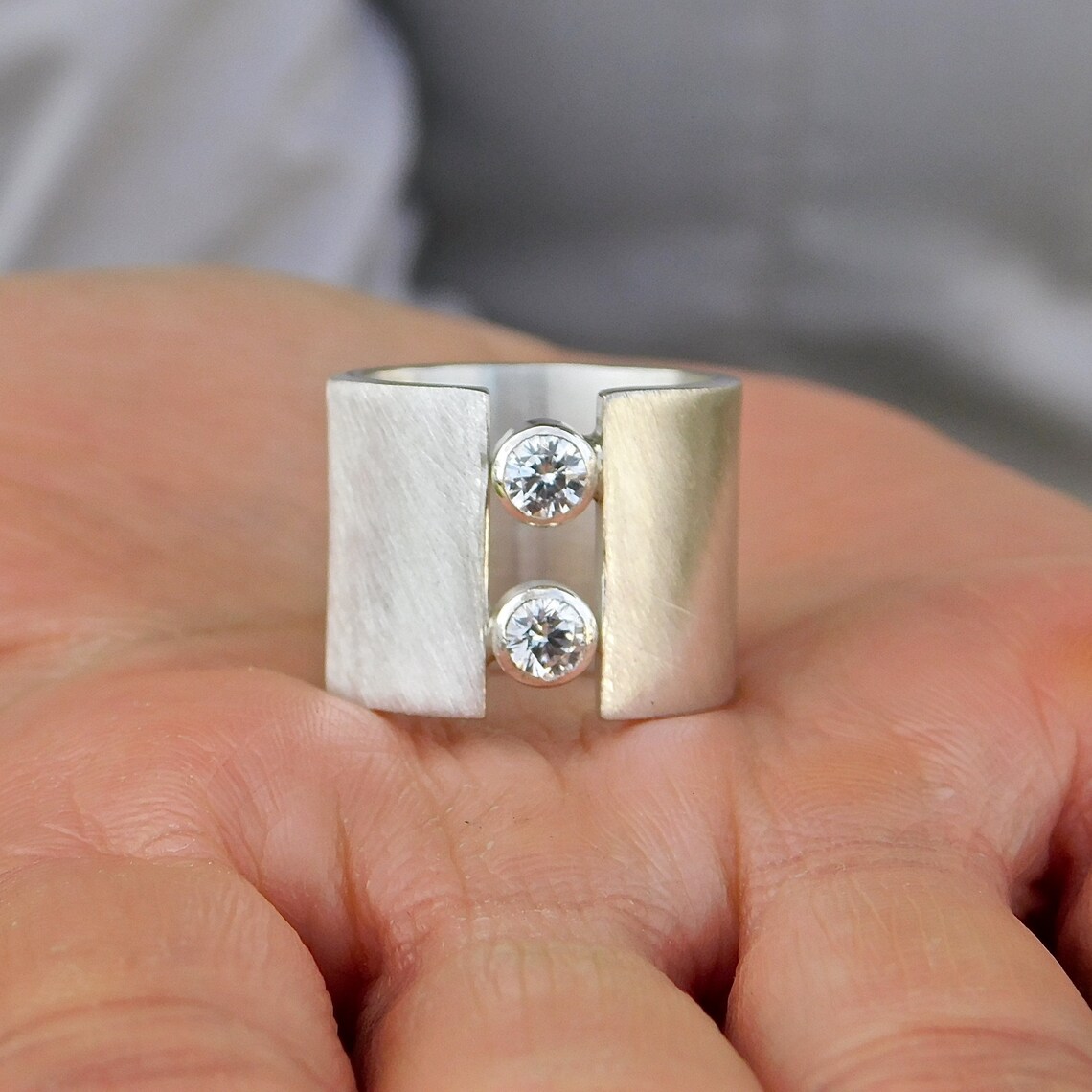 Wide rings for women Brushed ring Gemstone ring Double Etsy