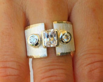 Wide statement ring, Silver multi-stone ring, Ancient greek design