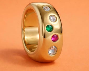 Gemstone Ring Gold Tone: Conical Design, Multiple Color Stones, Personalized Birthstones