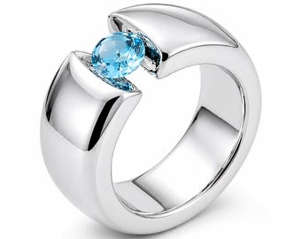 Blue Moissanite Statement Ring: Women's Tension Setting Engagement Jewelry