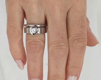 Moissanite Engagement Ring Set: Palladium coated AG950 Silver Wedding Band
