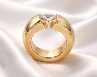 Thick Band Moissanite Ring: Wide Gold Statement Ring for Women