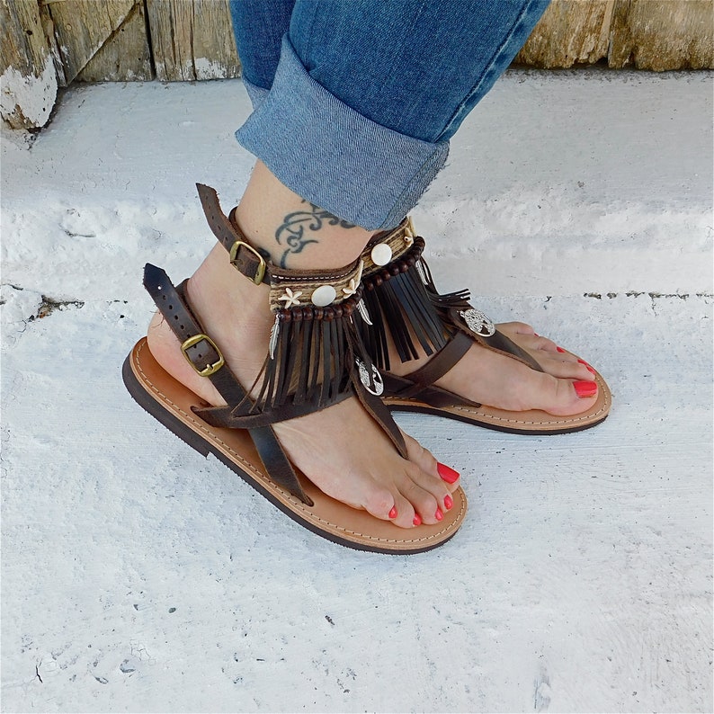 women sandals ethnic sandals fringe sandals brown sandals beach sandals indian sandals Tree of life boho sandals hippie sandals