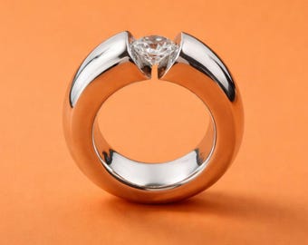 Engagement Ring Silver AG 950: Statement Ring for Women, Moissanite Solitaire, Tension Setting Jewelry