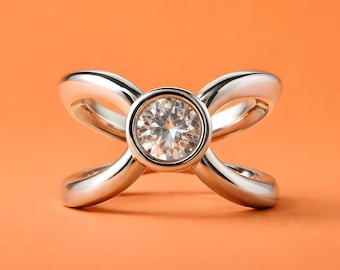 Double Band Moissanite Engagement Ring: Asymmetrical Palladium Coated Silver