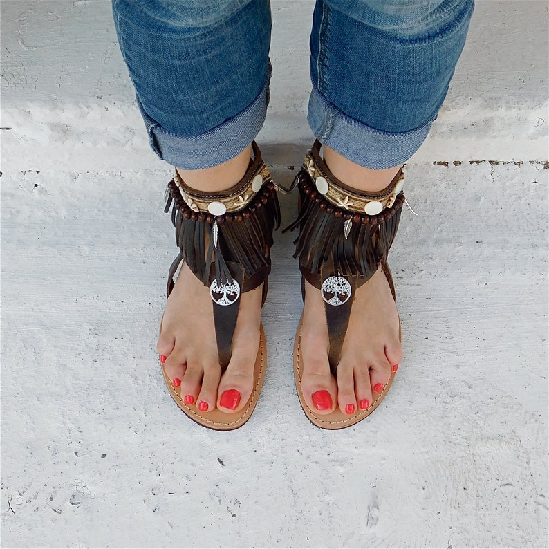women sandals ethnic sandals fringe sandals brown sandals beach sandals indian sandals Tree of life boho sandals hippie sandals